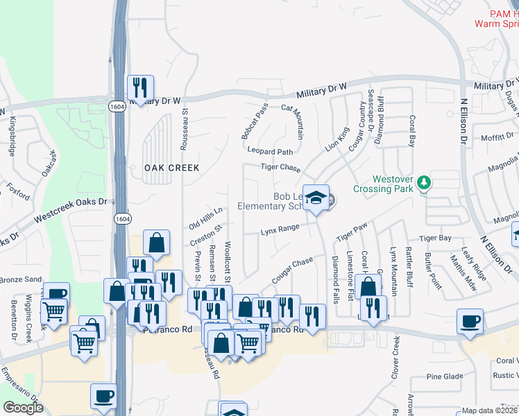 map of restaurants, bars, coffee shops, grocery stores, and more near 1003 Cat Mesa in San Antonio