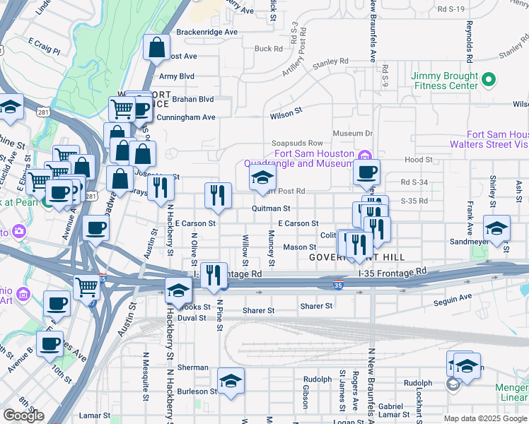 map of restaurants, bars, coffee shops, grocery stores, and more near 538 Quitman Street in San Antonio