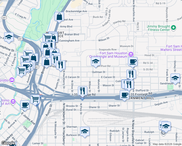 map of restaurants, bars, coffee shops, grocery stores, and more near 110 Muth Street in San Antonio