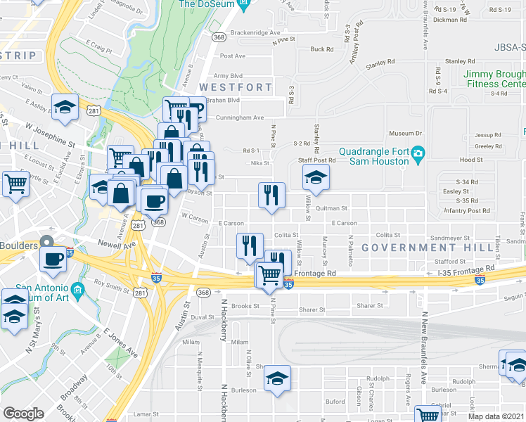 map of restaurants, bars, coffee shops, grocery stores, and more near in San Antonio