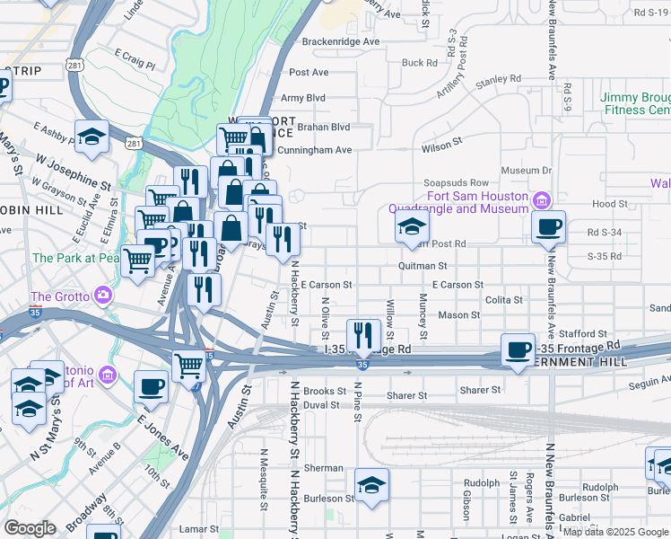 map of restaurants, bars, coffee shops, grocery stores, and more near 1813 North Olive Street in San Antonio