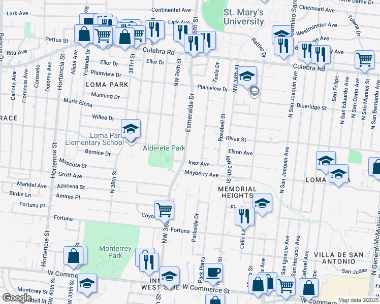map of restaurants, bars, coffee shops, grocery stores, and more near 114 Esmeralda Drive in San Antonio