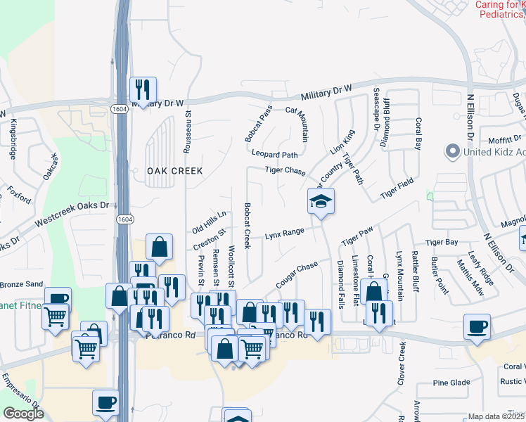 map of restaurants, bars, coffee shops, grocery stores, and more near 1003 Cat Mesa in San Antonio
