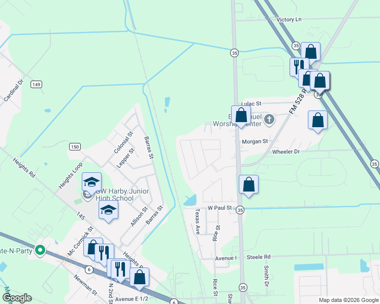 map of restaurants, bars, coffee shops, grocery stores, and more near 1865 Belle Place in Alvin