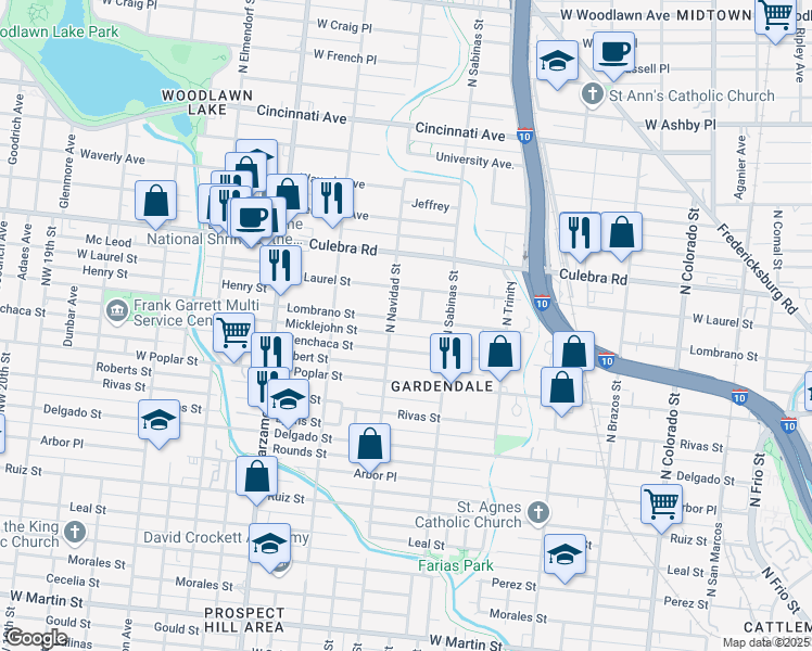 map of restaurants, bars, coffee shops, grocery stores, and more near 846 Lombrano Street in San Antonio