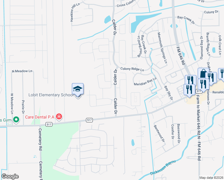 map of restaurants, bars, coffee shops, grocery stores, and more near 3031 Crape Myrtle Bend Lane in Dickinson