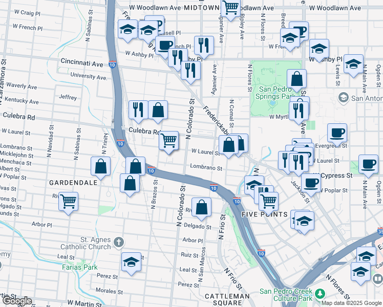 map of restaurants, bars, coffee shops, grocery stores, and more near 1146 West Laurel in San Antonio
