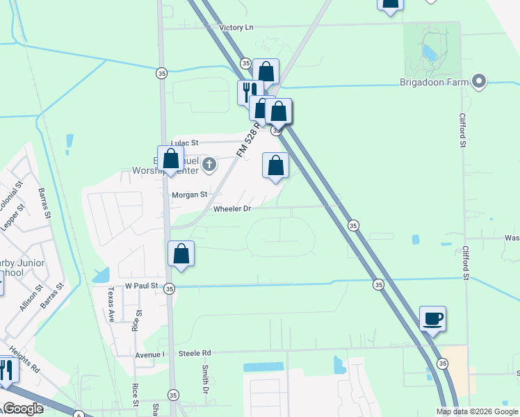 map of restaurants, bars, coffee shops, grocery stores, and more near 566 Wheeler Drive in Alvin