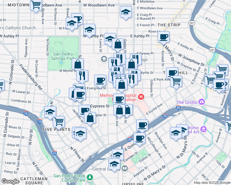 map of restaurants, bars, coffee shops, grocery stores, and more near 1402 North Main Avenue in San Antonio