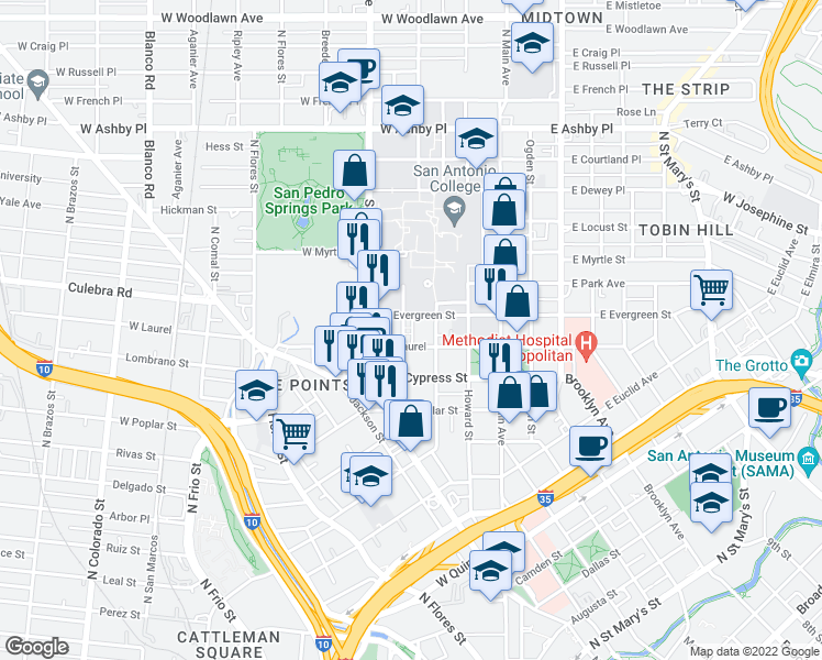 map of restaurants, bars, coffee shops, grocery stores, and more near 321 West Laurel in San Antonio
