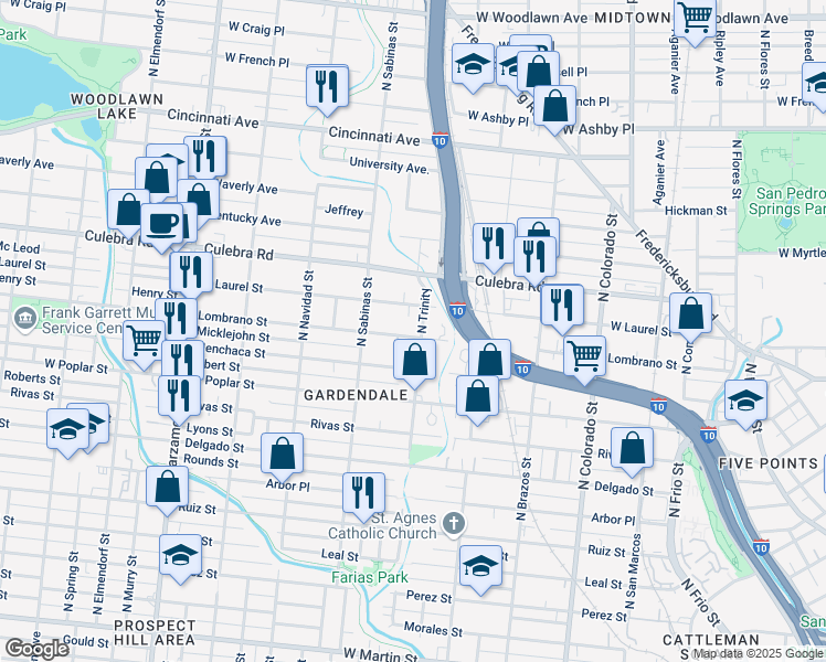 map of restaurants, bars, coffee shops, grocery stores, and more near 722 Lombrano Street in San Antonio