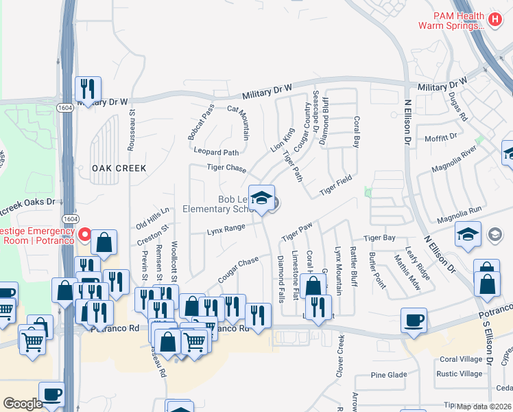 map of restaurants, bars, coffee shops, grocery stores, and more near 915 Cougar Country in San Antonio