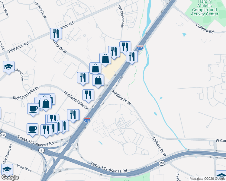 map of restaurants, bars, coffee shops, grocery stores, and more near NW Interstate 410 Loop Frontage Rd & W Military Dr in San Antonio