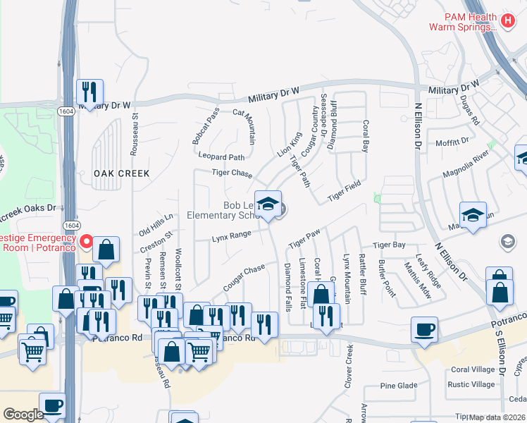 map of restaurants, bars, coffee shops, grocery stores, and more near 915 Cougar Country in San Antonio