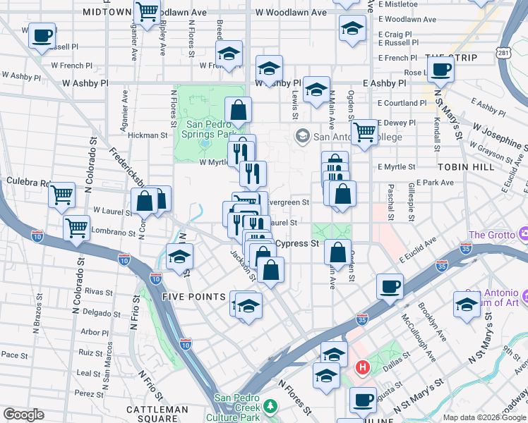 map of restaurants, bars, coffee shops, grocery stores, and more near 415 Maverick Street in San Antonio