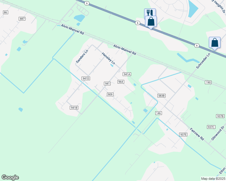map of restaurants, bars, coffee shops, grocery stores, and more near 10331 County Road 909 in Alvin