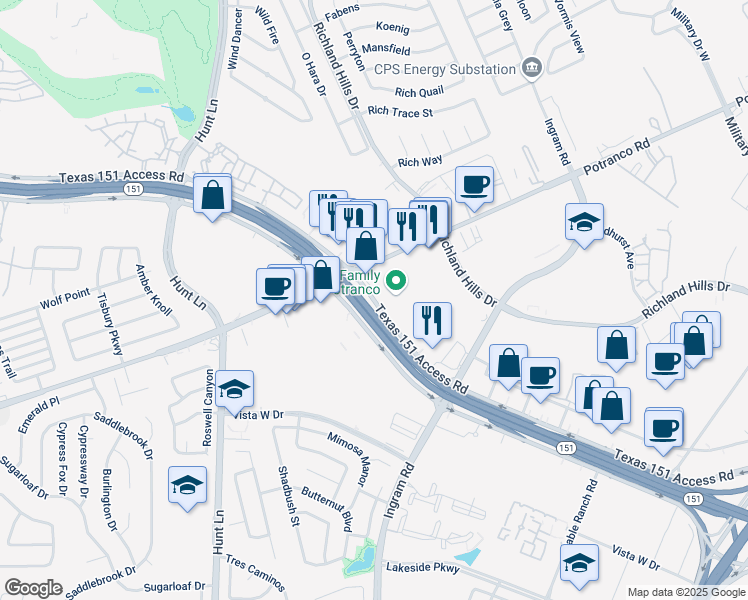 map of restaurants, bars, coffee shops, grocery stores, and more near 8767 Texas 151 Access Road in San Antonio