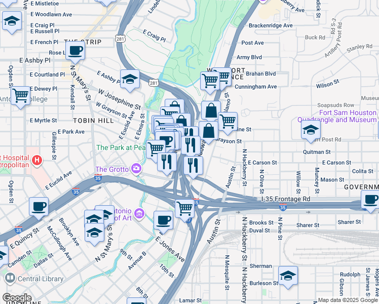 map of restaurants, bars, coffee shops, grocery stores, and more near 401 Pearl Parkway in San Antonio