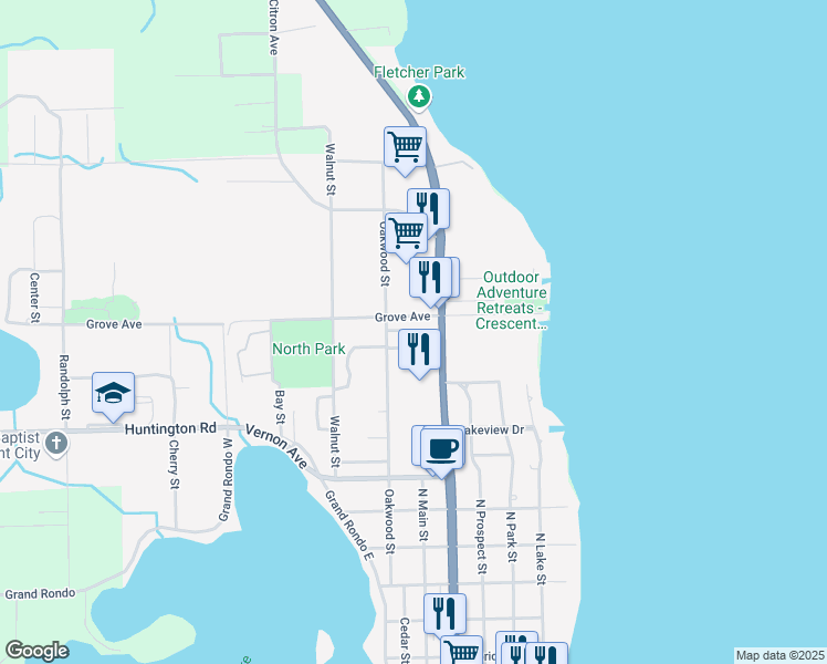 map of restaurants, bars, coffee shops, grocery stores, and more near 840 Oakwood Street in Crescent City