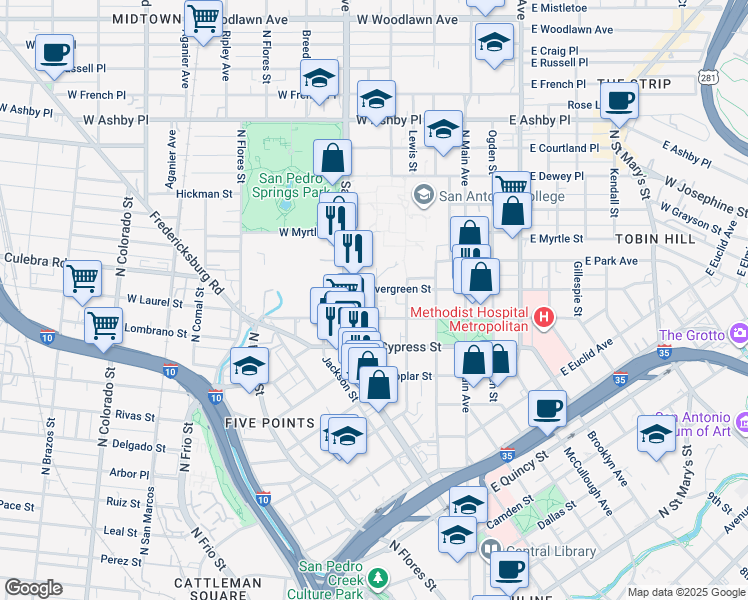 map of restaurants, bars, coffee shops, grocery stores, and more near 417 Maverick Street in San Antonio