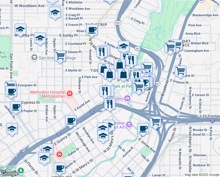 map of restaurants, bars, coffee shops, grocery stores, and more near in San Antonio