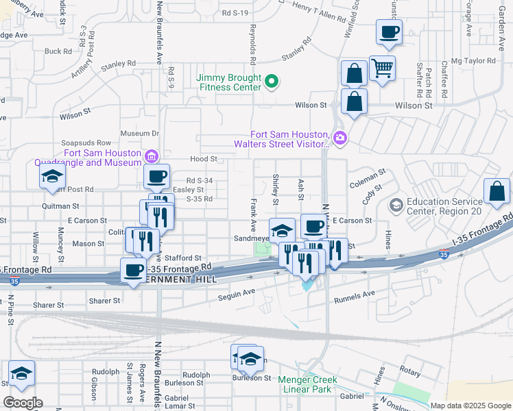 map of restaurants, bars, coffee shops, grocery stores, and more near 814 Frank Street in San Antonio