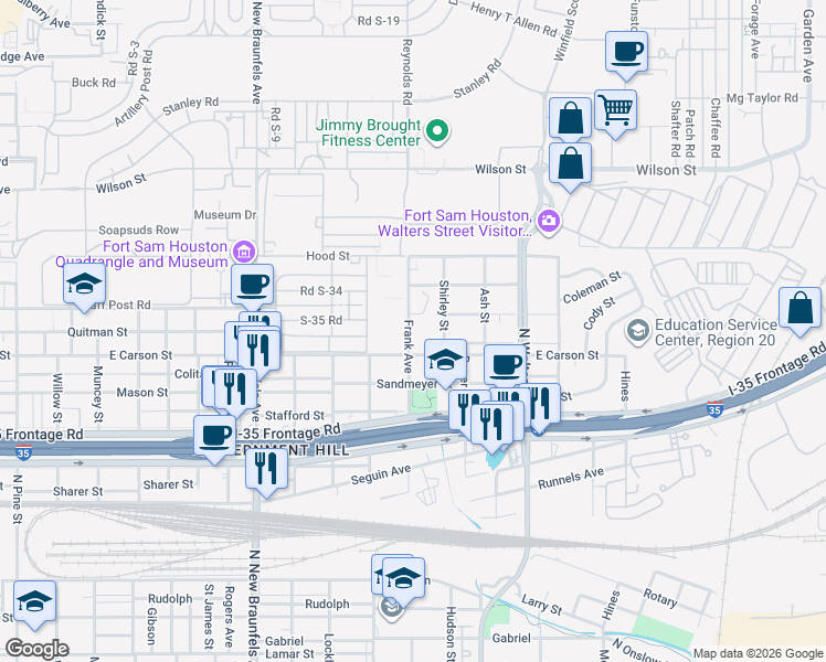 map of restaurants, bars, coffee shops, grocery stores, and more near 814 Frank Street in San Antonio