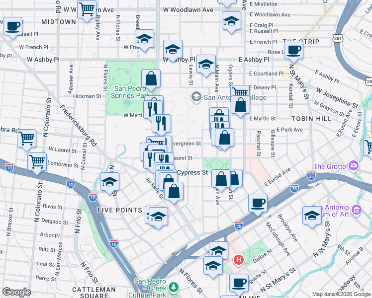 map of restaurants, bars, coffee shops, grocery stores, and more near 321 West Laurel Street in San Antonio