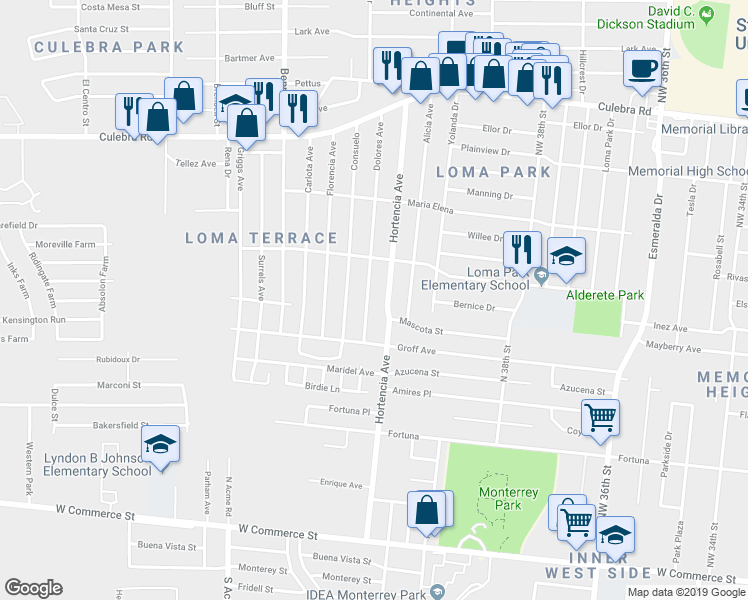 map of restaurants, bars, coffee shops, grocery stores, and more near 104 Dolores Avenue in San Antonio