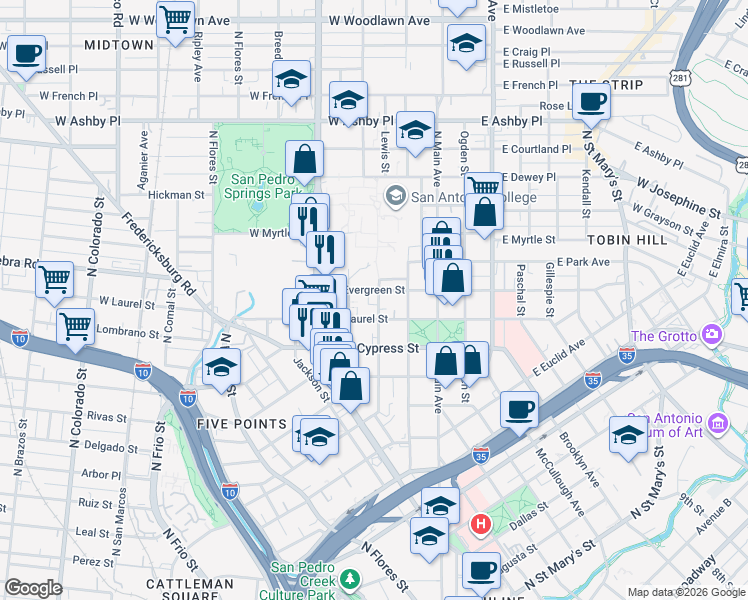 map of restaurants, bars, coffee shops, grocery stores, and more near 321 West Laurel in San Antonio