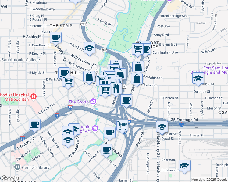 map of restaurants, bars, coffee shops, grocery stores, and more near in San Antonio