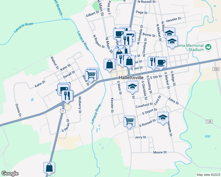 map of restaurants, bars, coffee shops, grocery stores, and more near 109 Kessler Street in Hallettsville