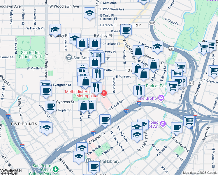 map of restaurants, bars, coffee shops, grocery stores, and more near 411 East Laurel in San Antonio