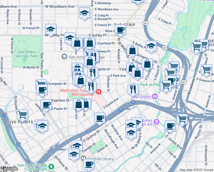 map of restaurants, bars, coffee shops, grocery stores, and more near 411 East Laurel in San Antonio