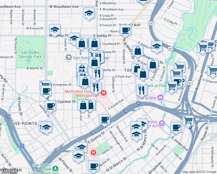 map of restaurants, bars, coffee shops, grocery stores, and more near 411 East Laurel in San Antonio