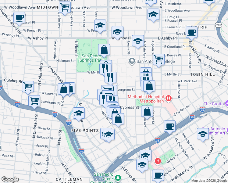 map of restaurants, bars, coffee shops, grocery stores, and more near 902 San Pedro Avenue in San Antonio