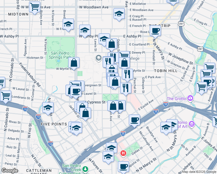 map of restaurants, bars, coffee shops, grocery stores, and more near 1415 North Main Avenue in San Antonio