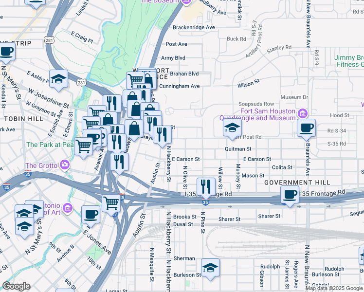 map of restaurants, bars, coffee shops, grocery stores, and more near 1813 North Olive Street in San Antonio