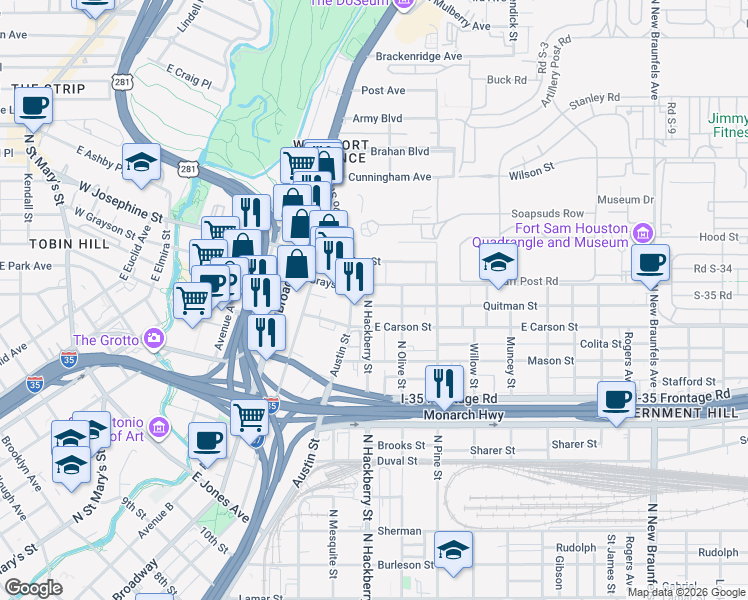 map of restaurants, bars, coffee shops, grocery stores, and more near 1811 North Hackberry in San Antonio