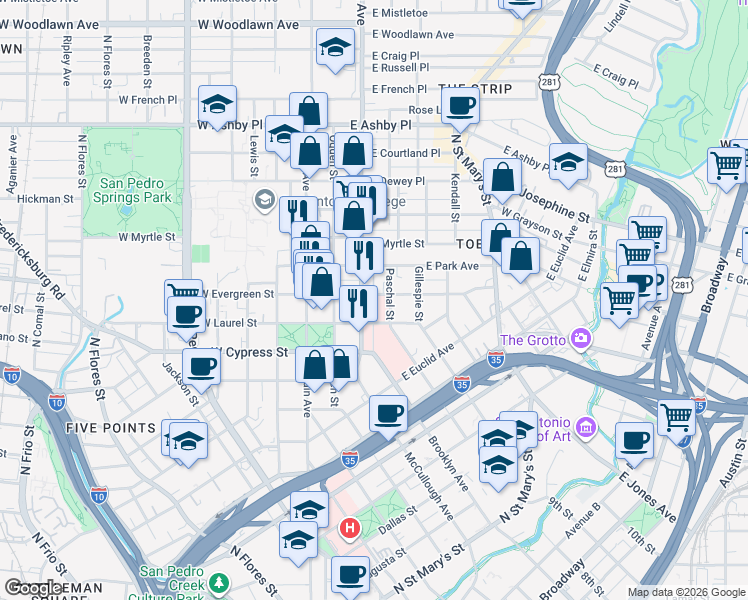 map of restaurants, bars, coffee shops, grocery stores, and more near in San Antonio