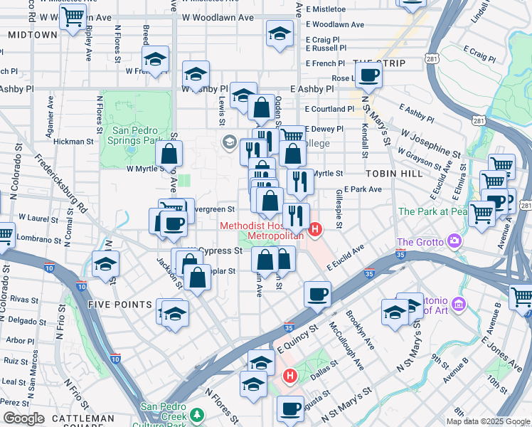 map of restaurants, bars, coffee shops, grocery stores, and more near 1402 North Main Avenue in San Antonio