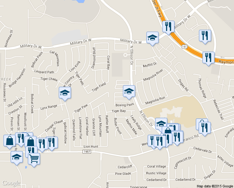 map of restaurants, bars, coffee shops, grocery stores, and more near 811 Grants Canyon in San Antonio