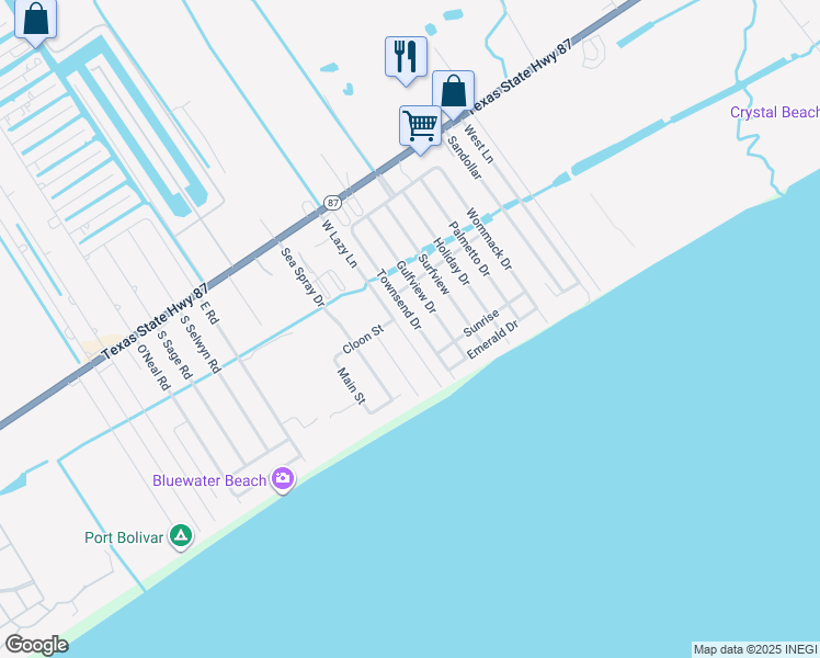 map of restaurants, bars, coffee shops, grocery stores, and more near 851 Townsend Drive in Bolivar Peninsula