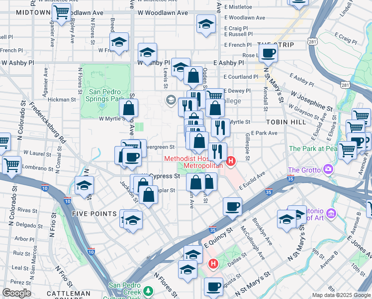 map of restaurants, bars, coffee shops, grocery stores, and more near 1445 North Main Avenue in San Antonio
