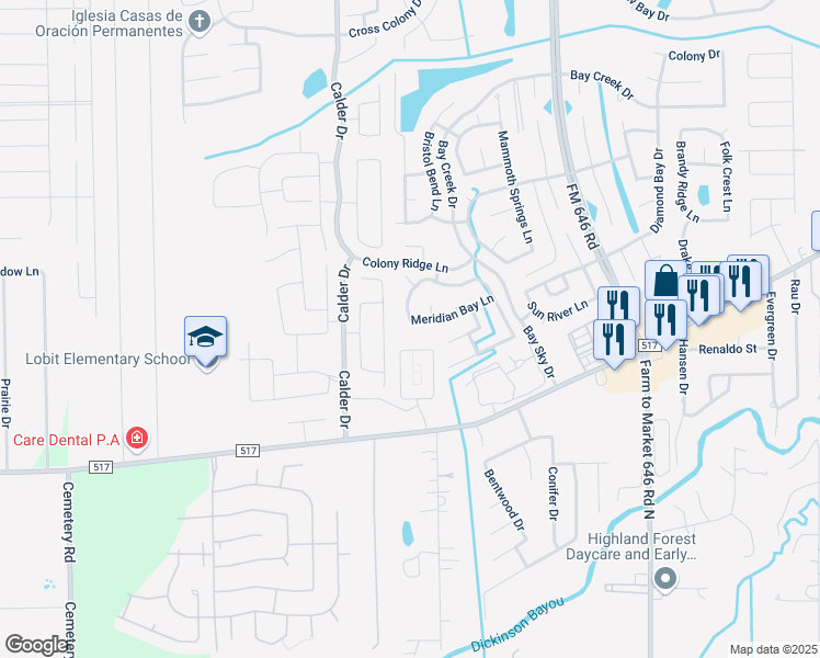 map of restaurants, bars, coffee shops, grocery stores, and more near 2941 Meridian Bay Lane in Dickinson