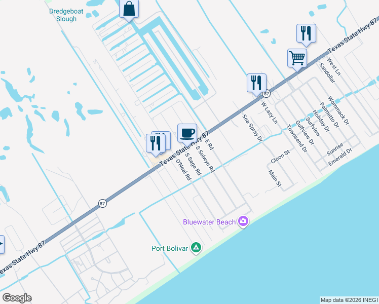 map of restaurants, bars, coffee shops, grocery stores, and more near 990 O' Neil Road in Bolivar Peninsula