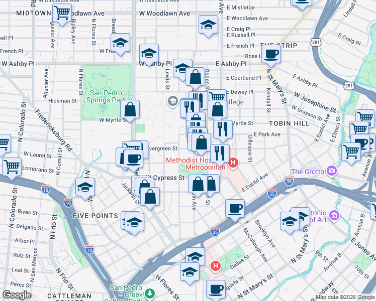 map of restaurants, bars, coffee shops, grocery stores, and more near 1402 North Main Avenue in San Antonio