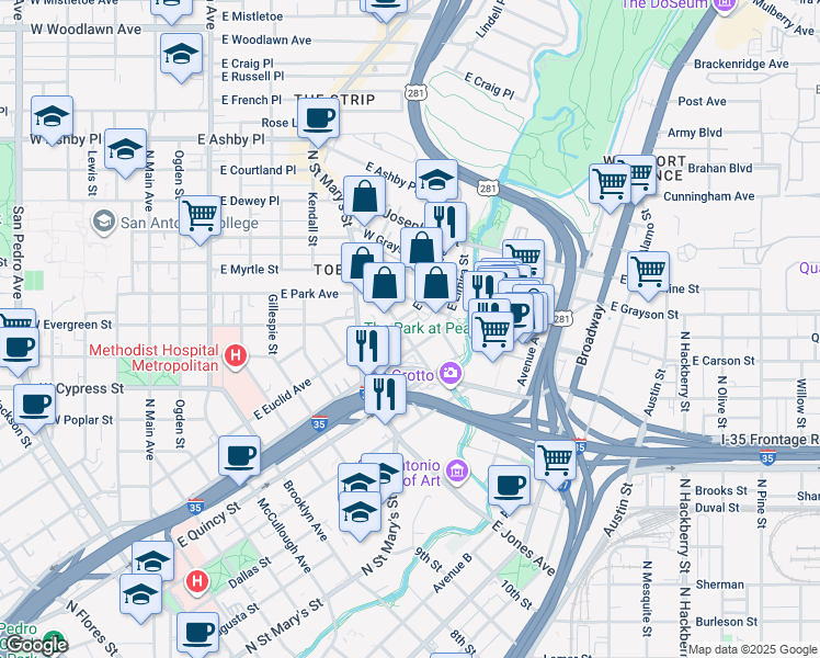 map of restaurants, bars, coffee shops, grocery stores, and more near in San Antonio