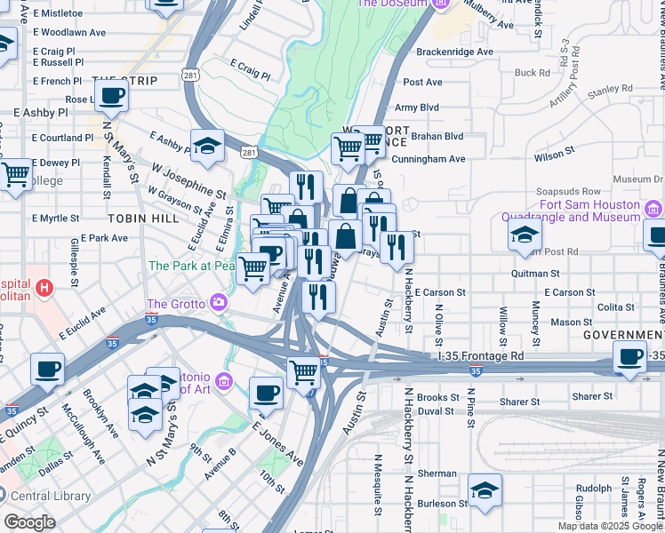 map of restaurants, bars, coffee shops, grocery stores, and more near 1785 Broadway in San Antonio