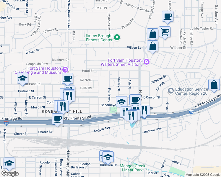 map of restaurants, bars, coffee shops, grocery stores, and more near 814 Frank Street in San Antonio